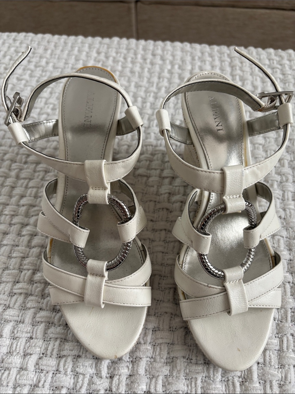 Alfani White Strappy Heeled Sandals with Silver Ring Detail